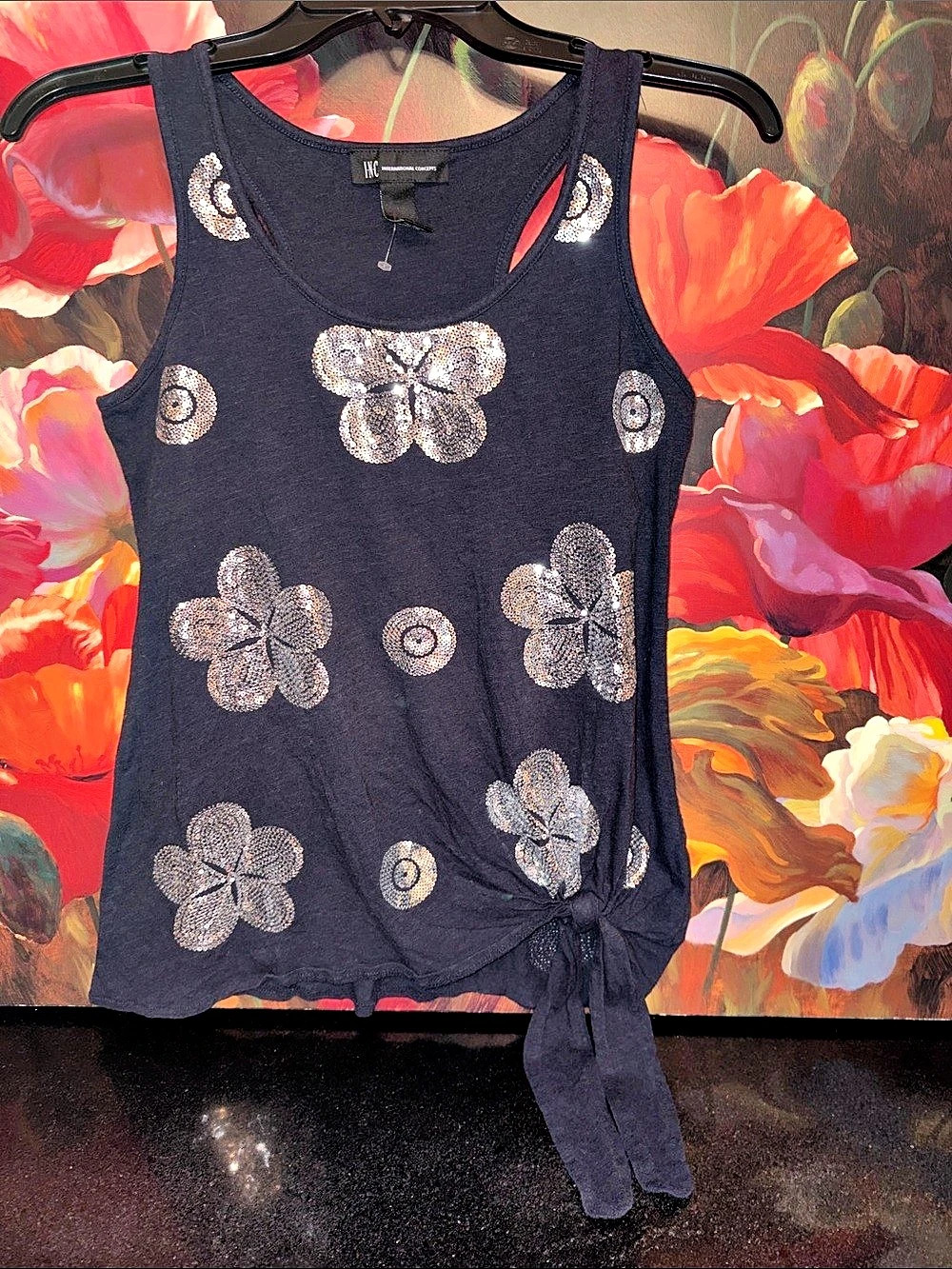 NWOT 60% cotton INC International Concepts Sequin Floral Tank Top Black Size M